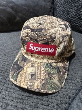 Supreme Red Box Logo Money & Gold Print Camp Cap Deadstock